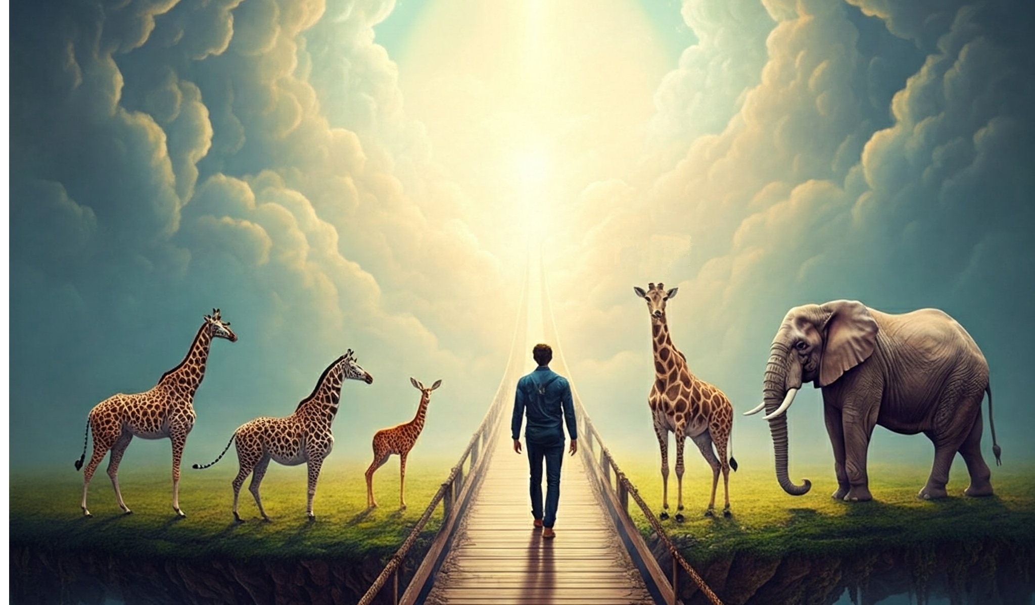 Man crossing a bridge to the clouds, sided by animals.