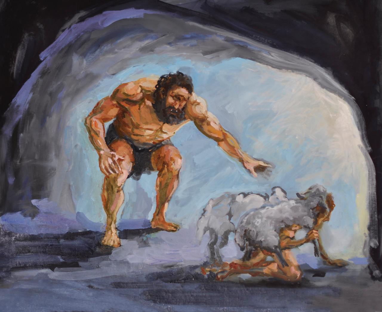 Ulysses escapes Polyphemuses cave. Art by Kristina Kurilionok.  See also the painting by Jakob Jordaens called: Polyphemus.